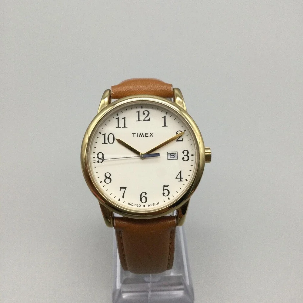 Timex Mens Watch 38mm Gold Tone Brown Leather Band Indiglo Date TW2R62700